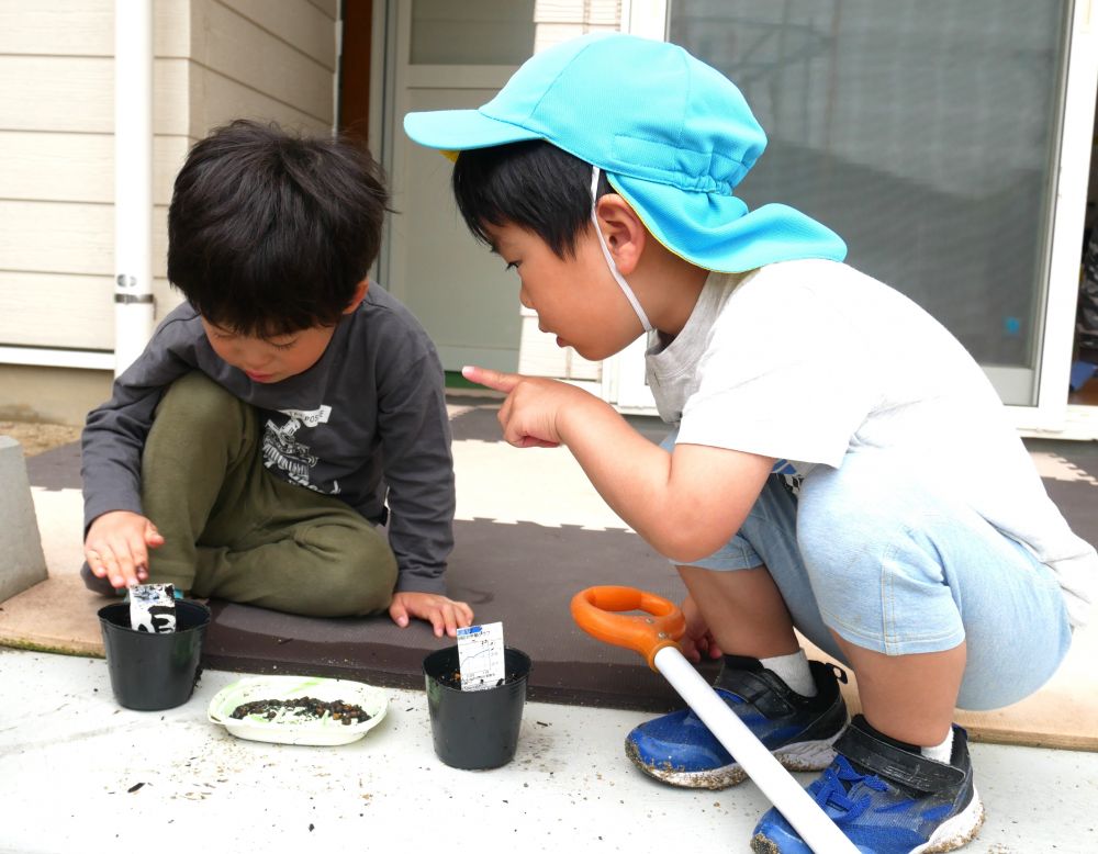 “どんな花が咲くかな？”
イメージしながら胸を弾ませる子どもたち♡



先生『何色が咲くかね？』
　　『ぼく青！！』とYくん
　　『３つ植えたから色々咲くかも』とHくん