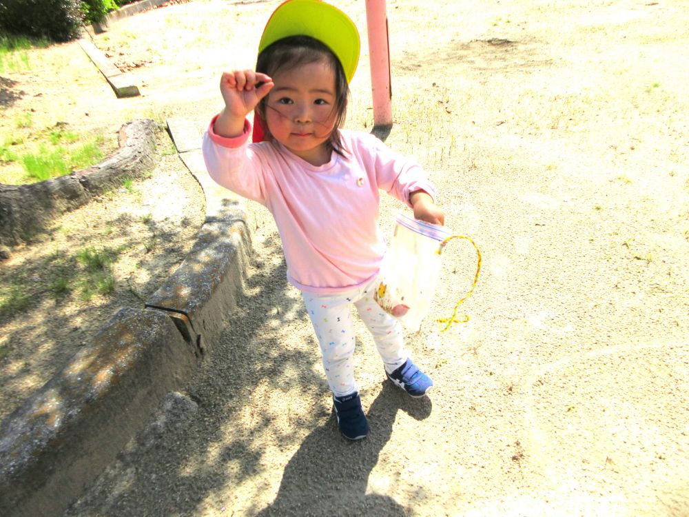 「見つけたよ！ほら！」

興味はあるけど少し怖いＫちゃんドキドキしながら持ってみる
持てたことでとっても嬉しそうです

たくさんの発見を楽しんだクマ組さんでした