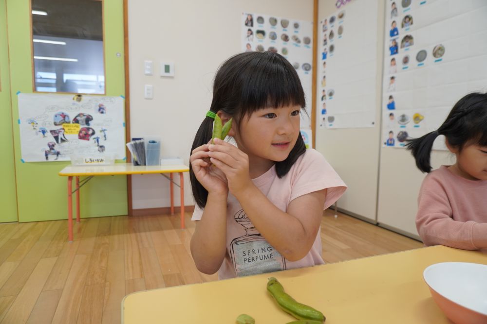 早速触ってみたり匂ってみたり
「なんか音がするよ!」
気が付いたのはMちゃん
豆と豆を擦るとキュッキュッと可愛い音が♡
みんなも一緒にキュッキュッ♡
試してみました!