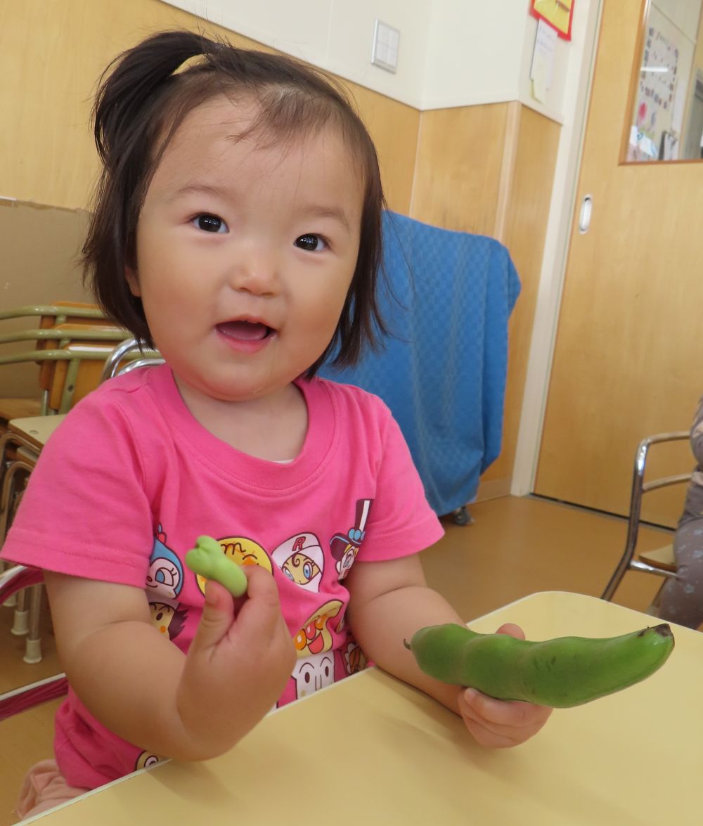 ヒヨコ組さんもそら豆の皮むき♪

　そら豆くん、み～つけた💗