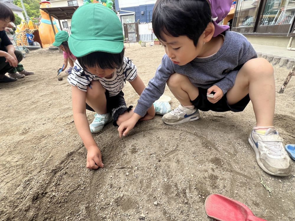 「ダンゴムシがほしい！」と園庭の中で虫探し！

ダンゴムシやナメクジ、はやむし、あり…
たくさん虫を捕まえて…
まるーい線を書き…
【虫さんのかけっこ】がスタート！！！

「だんごむしさんこっちだよ！」
「そっちじゃないよ」
とあっちこっちに動くダンゴムシに話しかけるKちゃんとYくん

