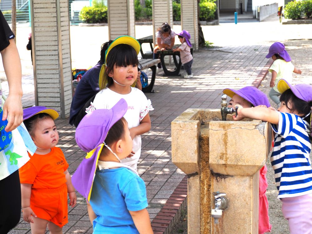公園にある水飲み場
先生が蛇口をひねると…
「じゃーー」と上に吹き出て面白い!
ちょっとかかる水しぶきが気持ちいいね♪