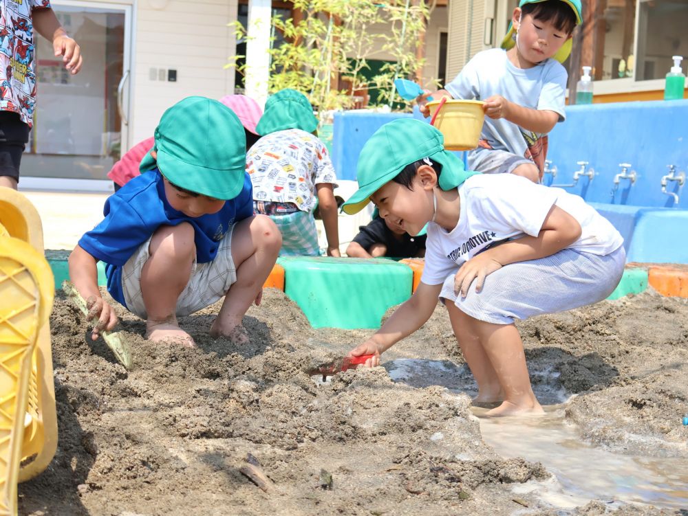 砂遊びから泥水あそびへ…
裸足になって土や水の感触も楽しんでいます♡
みんなの大好きな”水”が加わることで
遊びがさらに盛り上がり楽しくなる!
