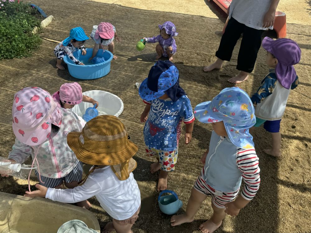 今月からプール遊びがスタートしました🎶

雨が続き、なかなか思うように水遊びが
出来ませんでしたが今日は晴天☀️

保育園では今年初めての水着でプールです！！
みんな水着を着た瞬間からワクワクがとまりません🤭

外に出るとそれぞれ水遊びを開始🎶