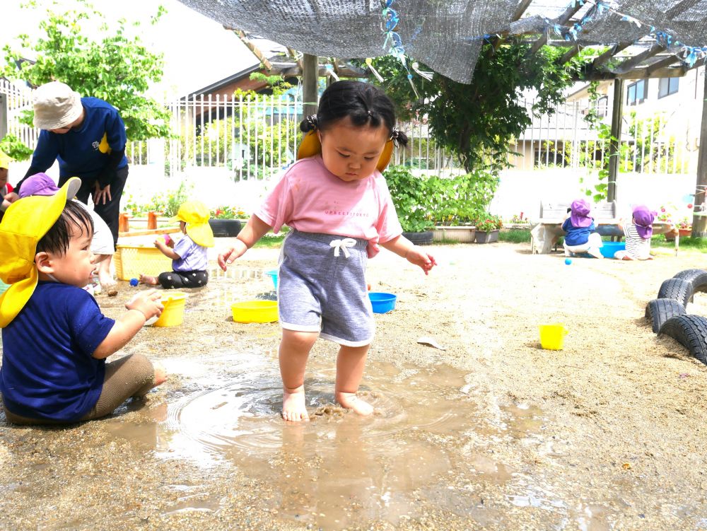 不思議！面白い！がいっぱい
どんどん水遊びに夢中になる…



水遊び後の水たまり
足踏みしたり、手でたたいたり
飛び散る水を見て大喜びのUちゃん♡
