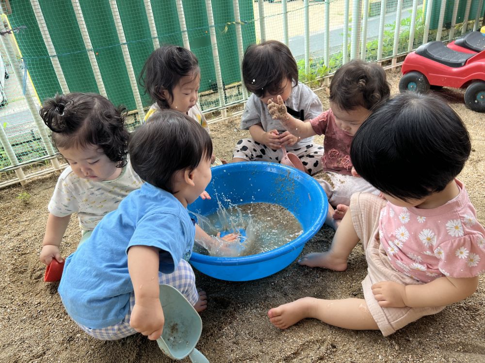 今日は曇り空だった為、外で水遊びをたのしみました。
タライに水を入れると・・・
水を触ってみたり、砂をいれてみたり
思い思いに遊んでいたうさぎ組さん。