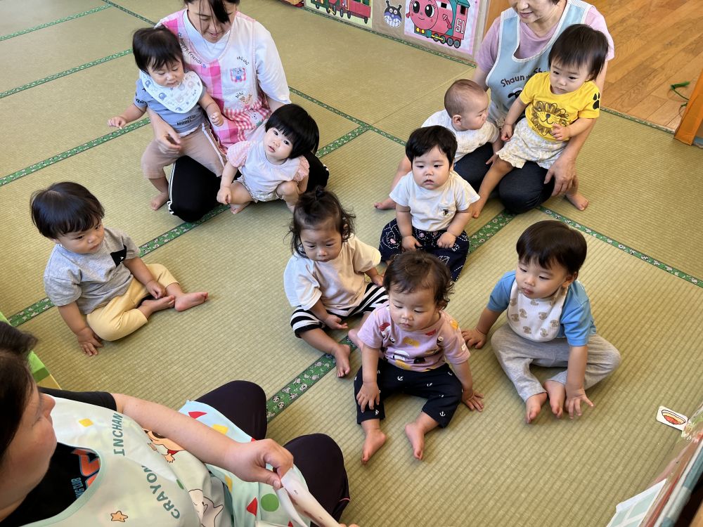 0歳児
　　『だるまさんが』

子ども達は「だるまさんが・・・」の
リズムに合わせて体を左右にゆらしています。
だすまさんが「どてっ」とたおれると・・・
子ども達もまねて、どてっ！！
読む前に倒れる子どもも・・・
ウサギ組さんが大好きな絵本の１冊です。