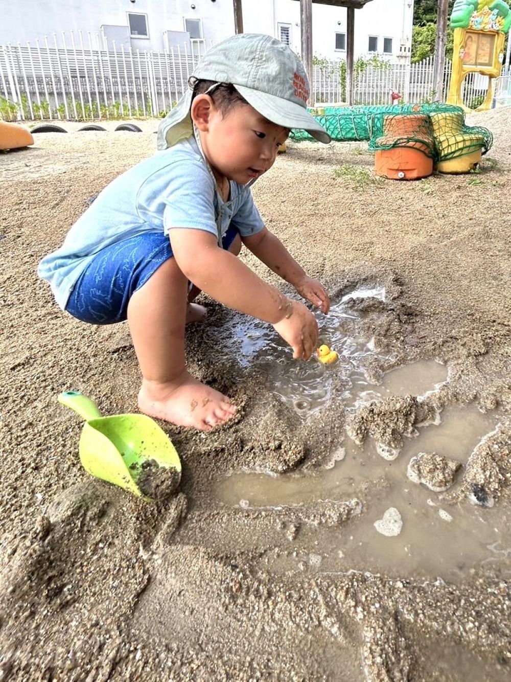 「川だよ～」と先生がしているのを見たことが
あるのを思い出したのか、

水たまりの近くをどんどん掘って
アヒルさんを流してみようとするSくん🐤

「どうなるかな？」と自分で考えて
遊ぶことを楽しんでいます！！