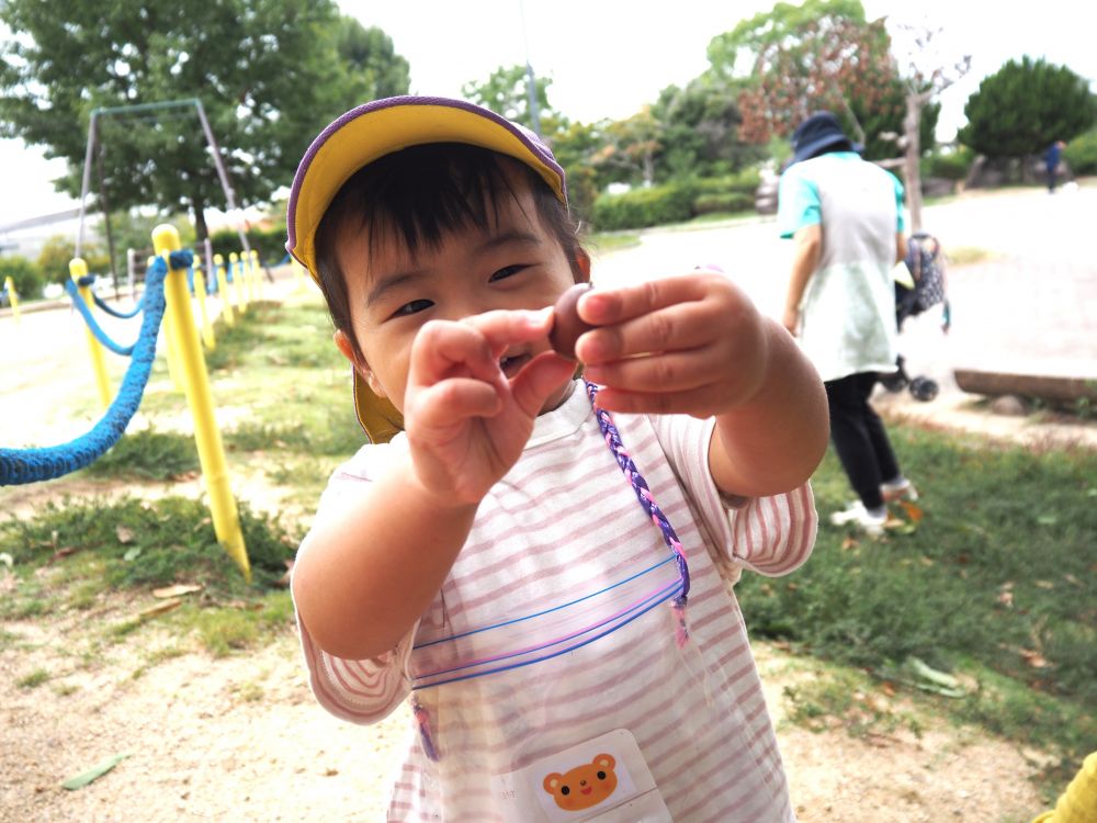 久しぶりのお散歩にワクワク…♡
川を見て「みずだ！」「葉っぱ！」
散歩道からみんなの心が動く物がいっぱい



春の時より体力がついているヒヨコ組さん
友達としっかり手を繋いで歩く！！
道路を渡る時に、手をあげて歩く子も…
異年齢児の友達をよく見ていますね♪

東尾道公園に着くと早速、どんぐりを発見♡
