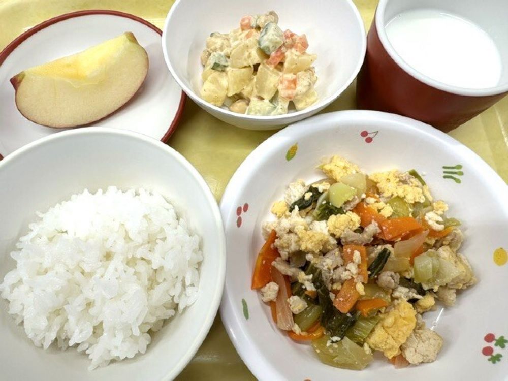 ご飯

豆腐チャンプルー

じゃが大豆サラダ

りんご

牛乳