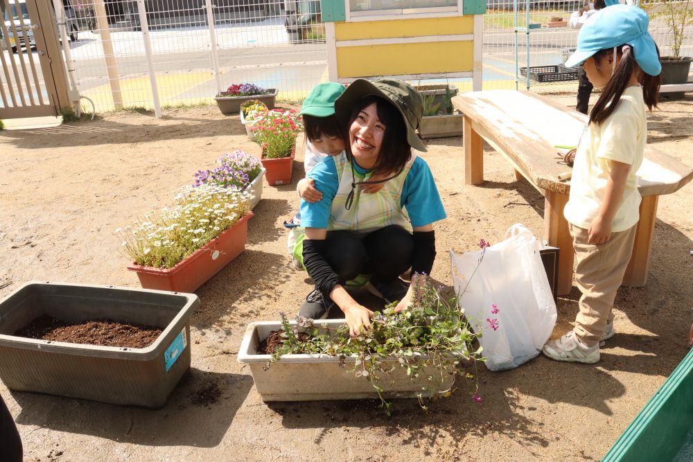 少し長い休みが終わり、久しぶりに登園する子ども達
いつもは明るく登園する子も
「いやだ、行きたくない、元気休みする!」
とお母さんに駄々をこねる様子も・・・
きっと楽しい休みを過ごしたんだろうな、と思いながら
園でも楽しい事を見つけていきます
上野先生、祖父宅から持ってきたお花をプランターに植えてみました
来るべく夏に向けてどんどん花や緑を増やしていきたいものです