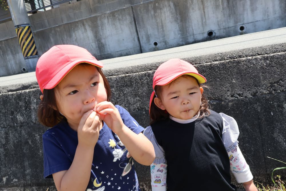 その姿に
「ぼくもやってみたい!」
「わたしも!」
と次々にやってみる♪
そして不思議なことに
挑戦する子たちみんな一発で成功 ! !
豆笛の大合唱の始まり〜♪