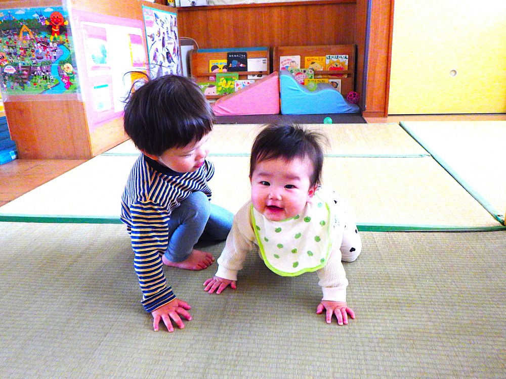 園の生活にすっかり慣れたウサギ組さん
それぞれ好きな遊びを見つけて遊んでいます
お座りから前に少しずつ進もうとしているRちゃん
ヒヨコ組のMくんと一緒にゆっくりと前に進もうと体を動かします
少し進めるとにっこり楽しそうです