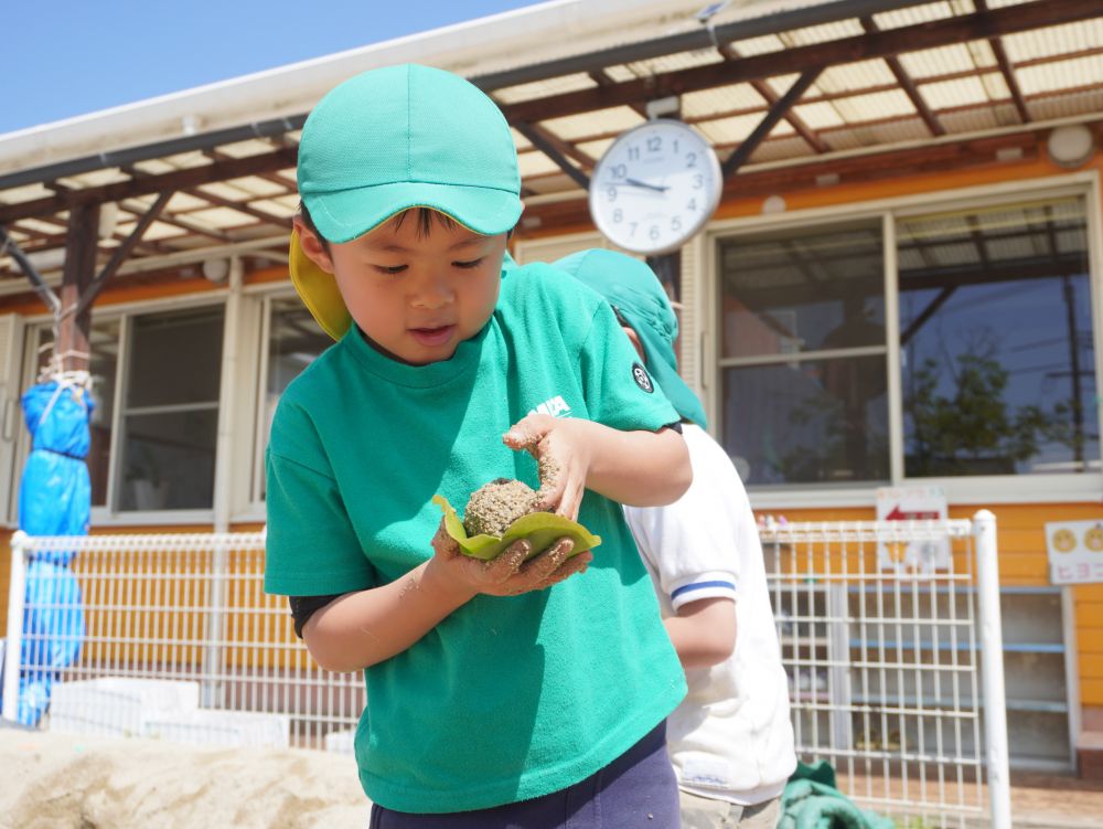 泥団子をまず作って…
葉っぱにのせて包む!
泥だとなかなかひっつかなかったり
すぐにくずれてしまったり
実物との違いや工夫が必要なことに気付くことができました!