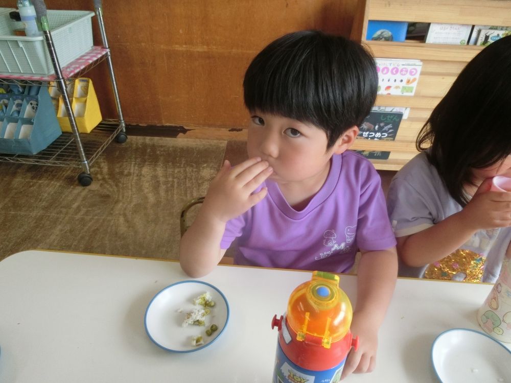 みんなが剥いたグリンピースは
おやつになって出てきました‼
旬の野菜を食べて元気いっぱいのゾウ組さんです