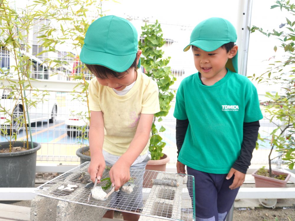 「食べ物も持ってこなくちゃ!」
「あっ夏と言えばバーベキューじゃん!」
また違う楽しそうなことを思いつきBBQがスタート♡
「貝殻はあわびで~パエリアも作るんだ!」
「ここハワイの高級ホテルなんよねー」
自然物で見立てる食材がオシャレすぎる・・・
遊びがまたさらに広がってきています♡