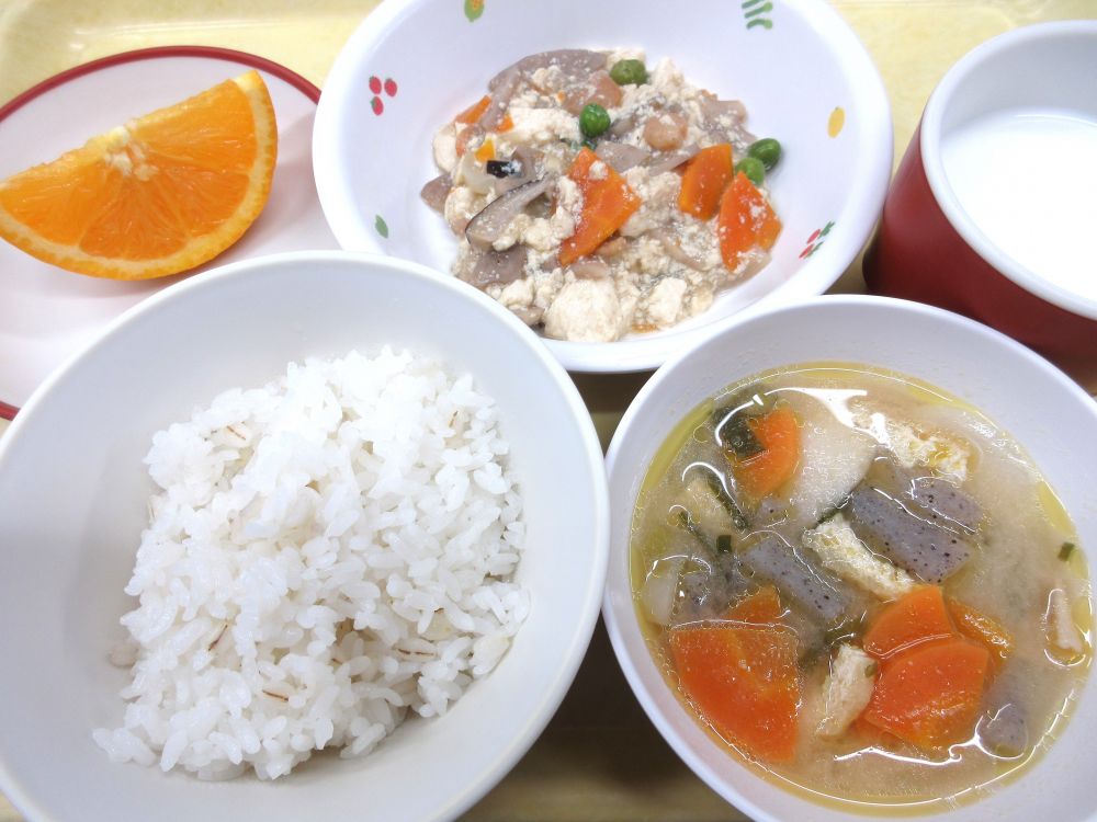 麦ご飯
豆腐の五目炒め
豚汁
オレンジ
牛乳
