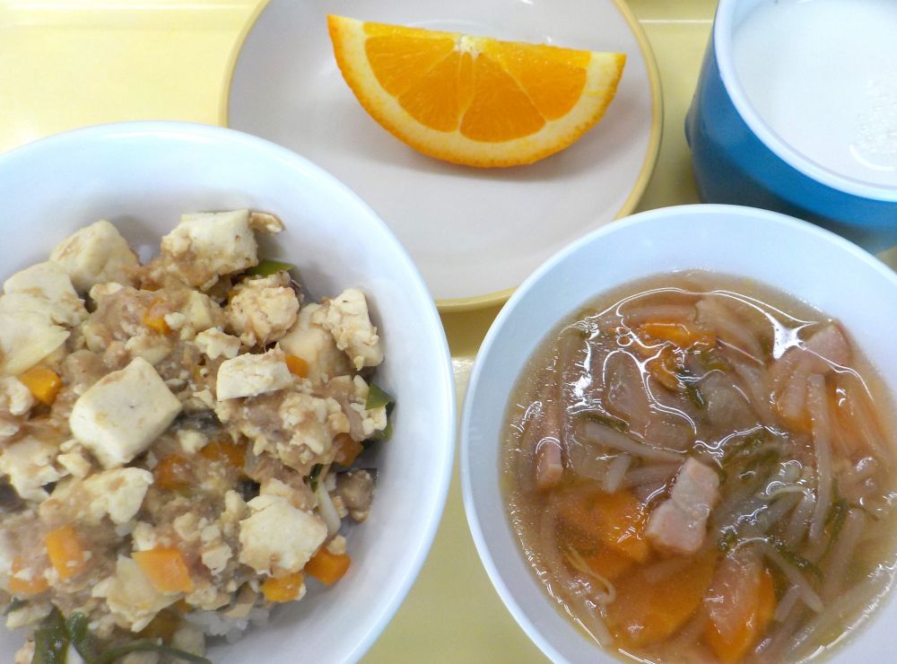マーボーツナ丼

ワンタン風スープ

オレンジ

牛乳