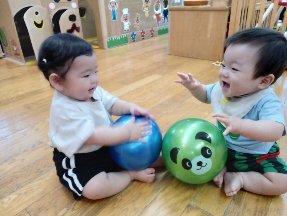 雨でも元気にボール遊びを楽しんでいるSちゃんとGくん♪
目が合うと声を出して笑ったりして・・可愛い笑い声で会話してるようです✨