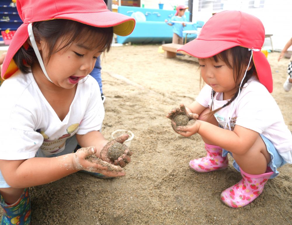 雨上がりの園庭は
どろどろの土・・・水たまり・・・
子どもたちにとっては魅力がいっぱい♡
『やった~!!今日いっぱいどろだんご作れるじゃん』
『すぐに丸くできるし簡単だ~♡』
どろだんご作りにハマり始めたKちゃんとNちゃん