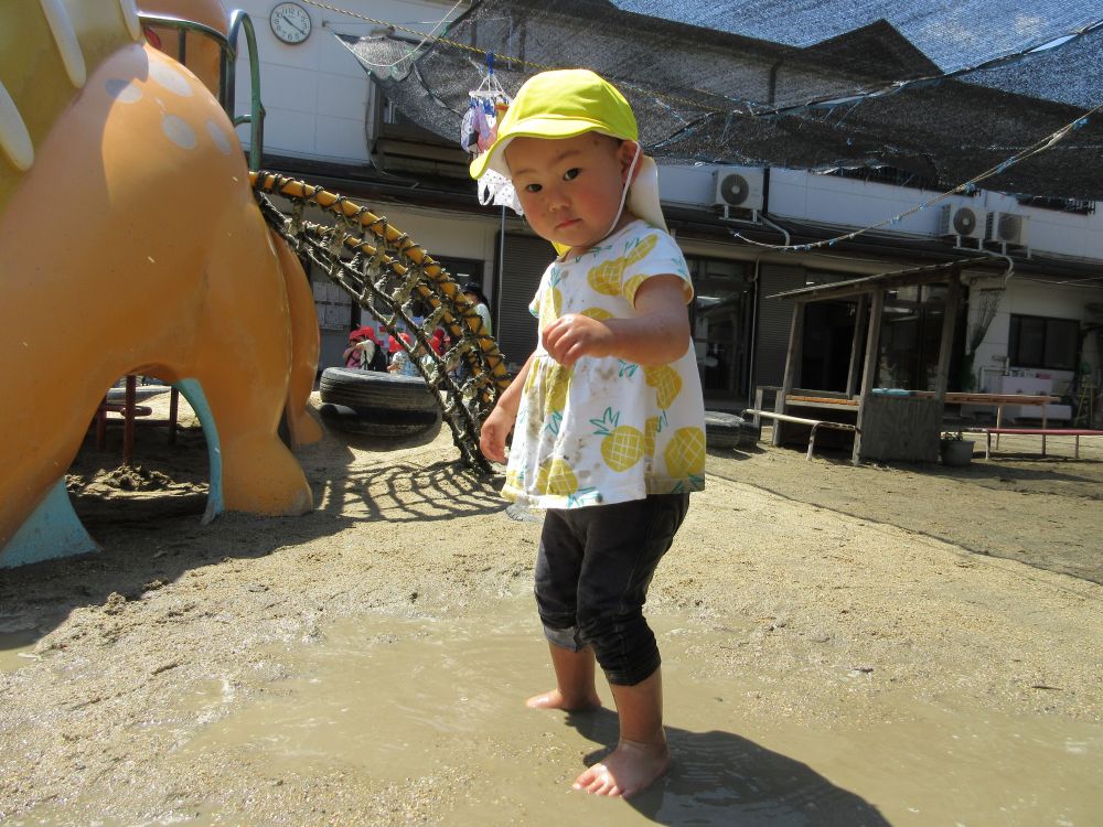 慎重に水たまりに入っていたけど慣れてくると、
顔に水が散るくらい思いっきり足踏みして、
水の跳ね返りや感触を楽しむSちゃん