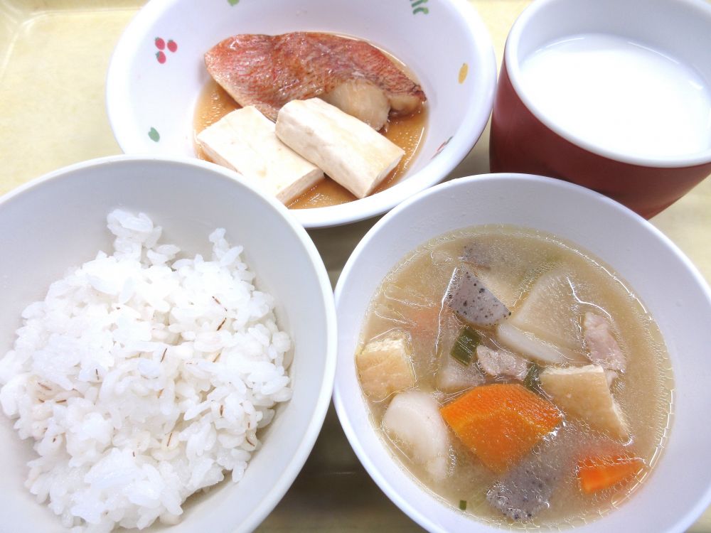 麦ご飯

赤魚の煮付け

付け合わせ(豆腐)

豚汁

牛乳