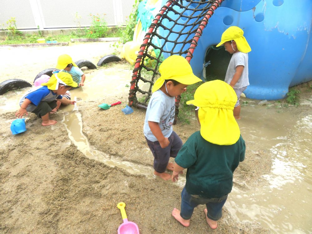 大きな2つの水たまりがつながったよ!
泥を掘り川作りを楽しむS君、できた川を使って水たまりの行き来を楽しむN君
同じ空間でみんなそれぞれの楽しみを見つけていきいきと遊んでいます