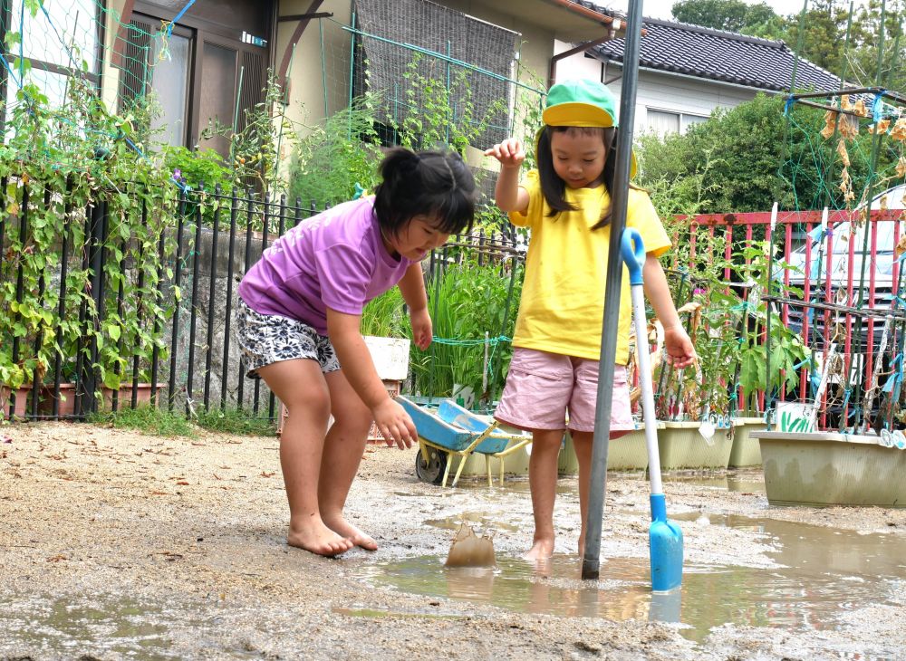 こっちでは水たまりの中に
大きな木の実を発見！！
真ん中に投げてみると水が跳ねる♪
高さを変えるとまた大きく水が飛び散り
水たまりの中に波のようなものができるのに気づく

面白くて…楽しくて…
背伸びしたりしゃがんだりしながら
高さを変えて楽しんでいました♡
