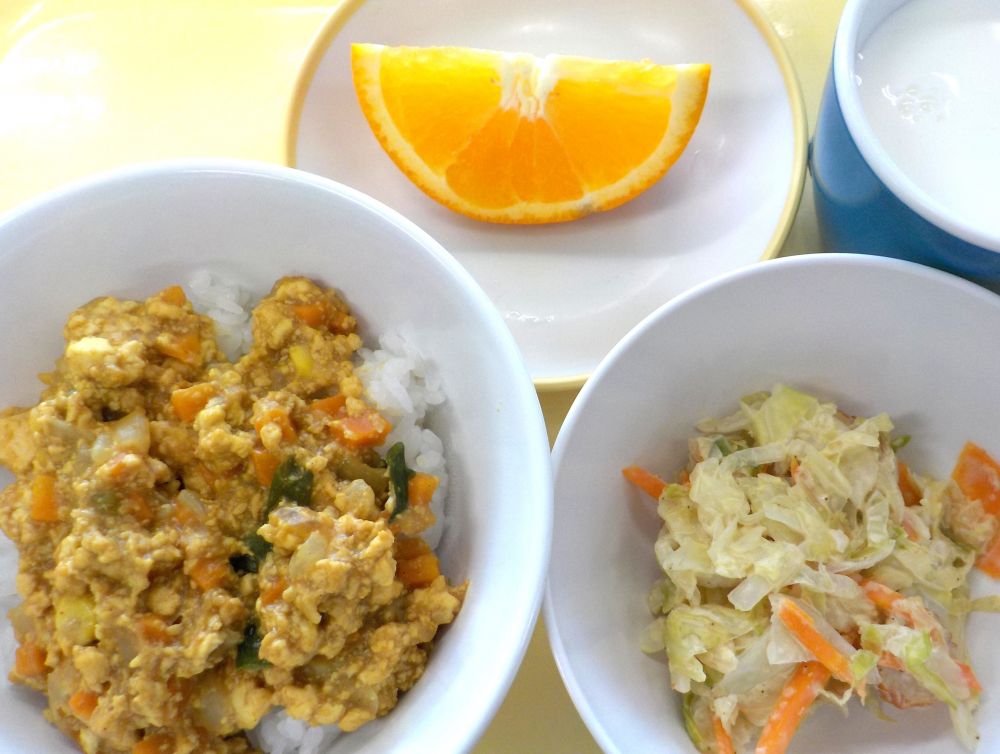 豆腐のあんかけカレーそぼろ丼
キャベツのゴマネーズ和え
オレンジ
牛乳