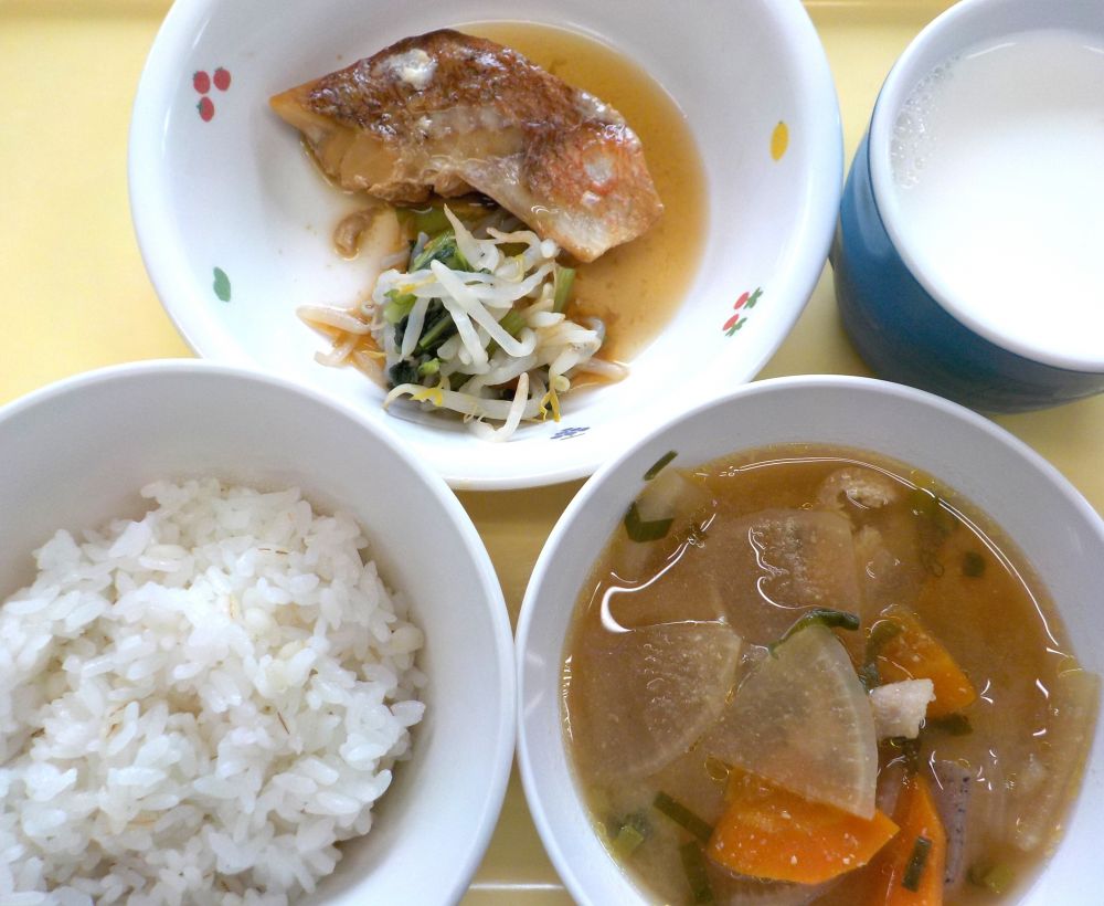 麦ご飯

赤魚の煮付け

ゆで野菜（もやし・青菜）

豚汁

牛乳