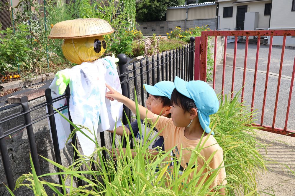 最後に、帽子をかぶせて
服を着せたらかかしの完成🍀
(　実は… かかしが着ているこの服は
ゾウさんがボディーペイントで
たくさん手形をつけた布なんです♡　)

かかしパワーを借りて
美味しいお米ができますように🍚