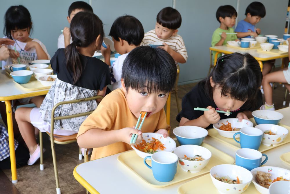 練習の成果は…
上手に箸で掴んで食べることに成功☘️
箸を上手に使えると
ご飯もすすむ‼ 美味しそうに食べるゾウ組さん
給食先生も嬉しそう♪
おうちの食事の時間に
上手に箸を持とうと、頑張っている子どもの姿を
見つけてみてください♡
