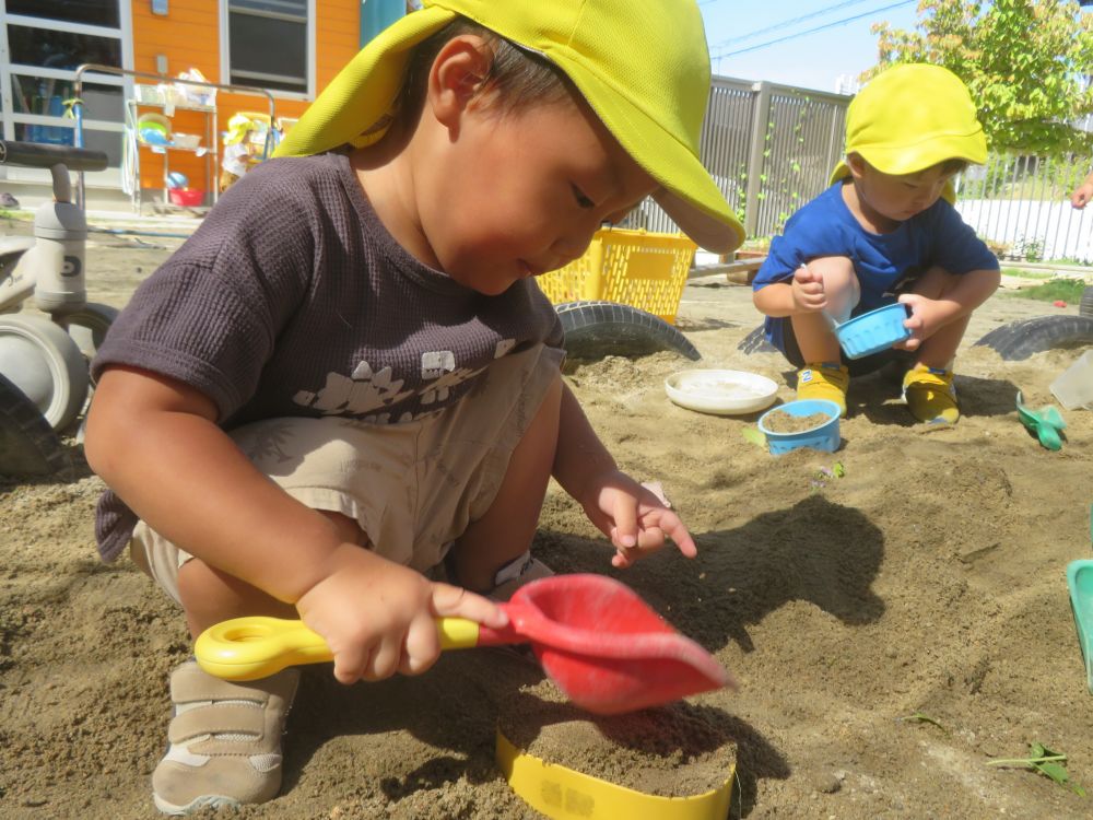最近砂場遊びに目覚めたYくんは
今日はお弁当作りを思い付きました
砂をしっかり詰めて・・・お弁当が完成!
「これはYくんのおべんとうだよ!
いっぱい入ってるの♪」
思いを込めて作った大切なお弁当でした♡
