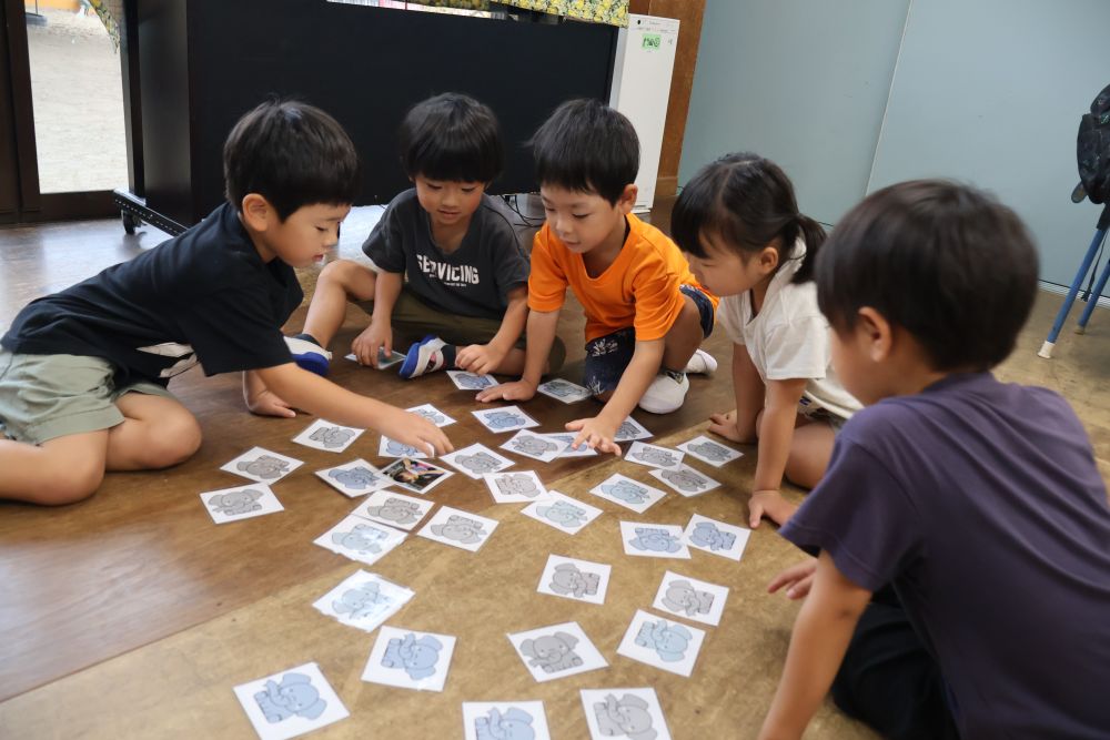 運動会も終わり、楽しかった！と
満足そうなゾウ組さん
涼しくなり、室内でも園庭でも様々な遊びを
楽しむ様子が見られます👀✨

【 かるた 】
このかるたにはある秘密が♡
ゾウさんマークの裏側は…
子ども達が描いた絵や、作品になってます
色々思い出して盛り上がる様子も💡

