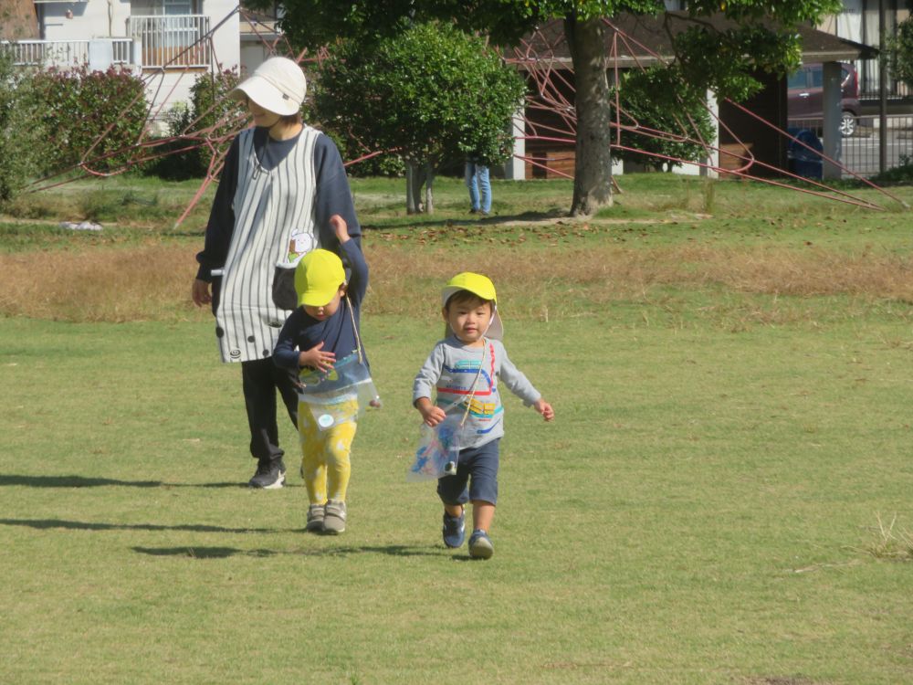 ヒヨコ組はウサギ組と一緒に東尾道公園へ行ってきました!
『公園に行ってどんぐりを見つけたい!!』
そんな楽しみを膨らませて待ちに待った遠足でした♡
お絵描きをして作っていたマイバックを下げて、ご機嫌で出発♪
公園に着くと、さっそくどんぐりを発見!!
みんな自分で見つけたどんぐりや落ち葉、枝をマイバックに入れて大切に持ち歩きます!
まだまだ素敵なものが見つかりそうな予感・・・♪