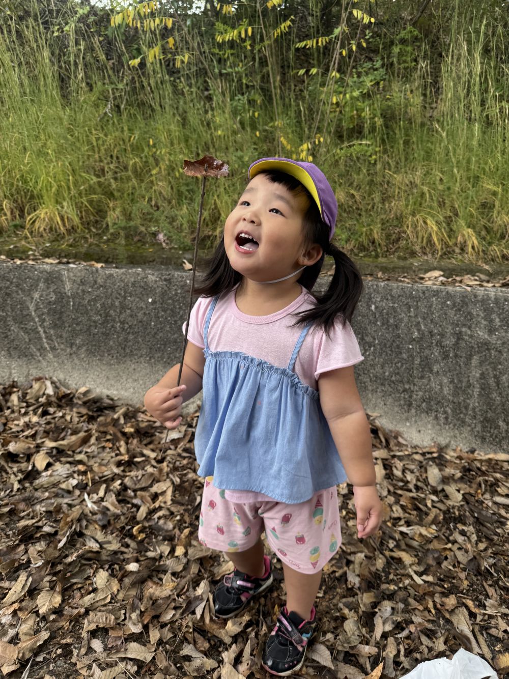「Rちゃんは何してるの?」と、聞くと...
「ましゅまろたべてるのよ~♡」
枝に葉っぱをつけて...
焼き?マシュマロを再現?
きっと、焼きマシュマロをしたのかなぁ~
経験したことを、自然物を使って、
遊びに取り入れる...🍂