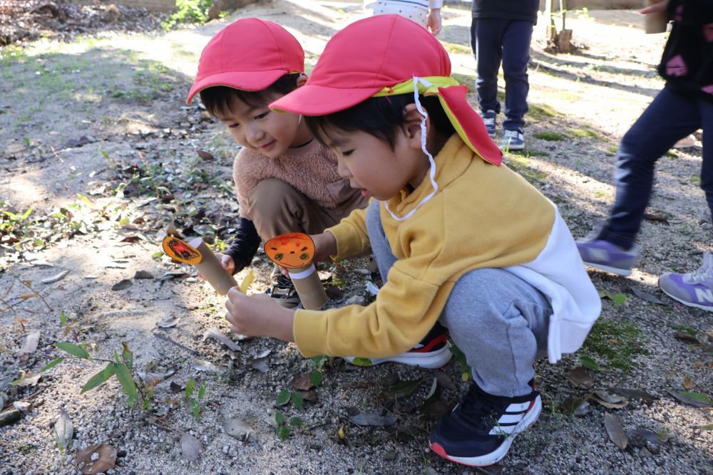 ・・・と、いうことで！
今日はみんなでみのむしをもって
神社までお散歩にいきました！

「黄色い葉っぱないかな？」
「わたしは赤がいいな♡」
「みてみて！この茶色！でっけぇ～！！」
「ねぇねぇ、その葉っぱ、どこにあったの？」

落ち葉を踏むカサカサと、みんなの楽しそうな声♪