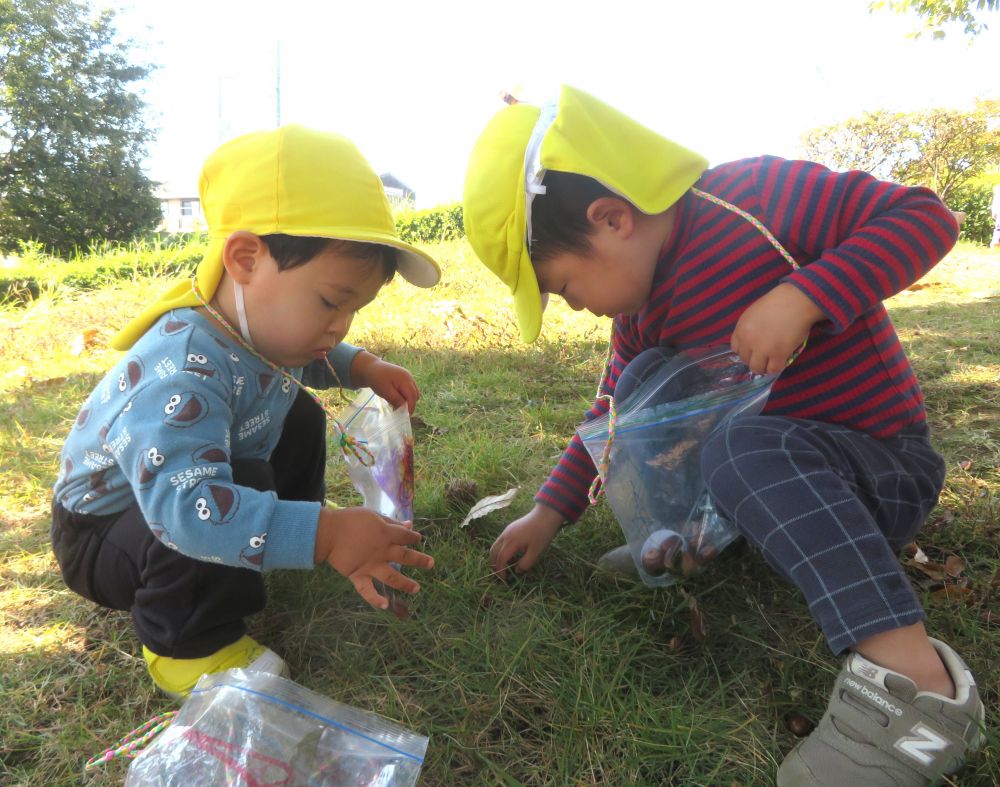 
どんぐりや落ち葉やダンゴムシなど
秋を探しに散歩に行ってきました


「歩こ～歩こ～♪」
トトロの”散歩道”を歌いながらご機嫌にしゅっぱ～つ！
何かいるかな？と川をのぞいてみたり
走っていくトラックに手を振ったり
公園に行く道にも魅力はいっぱいです

公園に着くとすぐにドングリを発見
「どんぐりコロコロドンブリコ♪」
歌を口ずさみながら夢中でドングリや落ち葉を集めていきます


