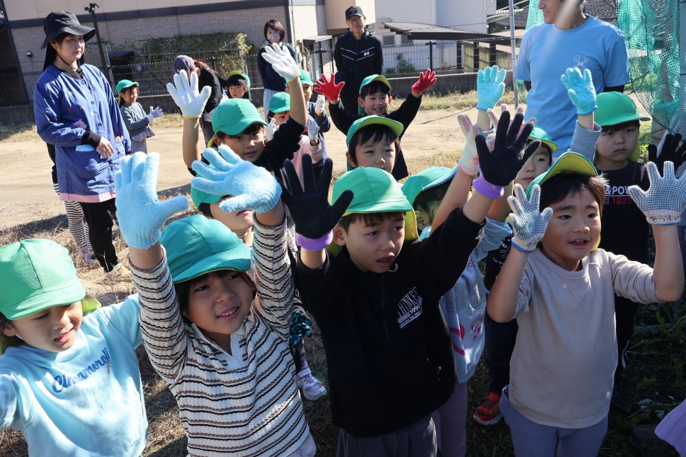 暖かい陽気の中
いきいき畑に出発！

今日の活動はさつまいもほり！


軍手をつけて手のグーパー運動を行い
準備バッチリ！気合十分のこどもたち！

ここから
キリン組VSさつまいもの
長い闘いが始まります！
