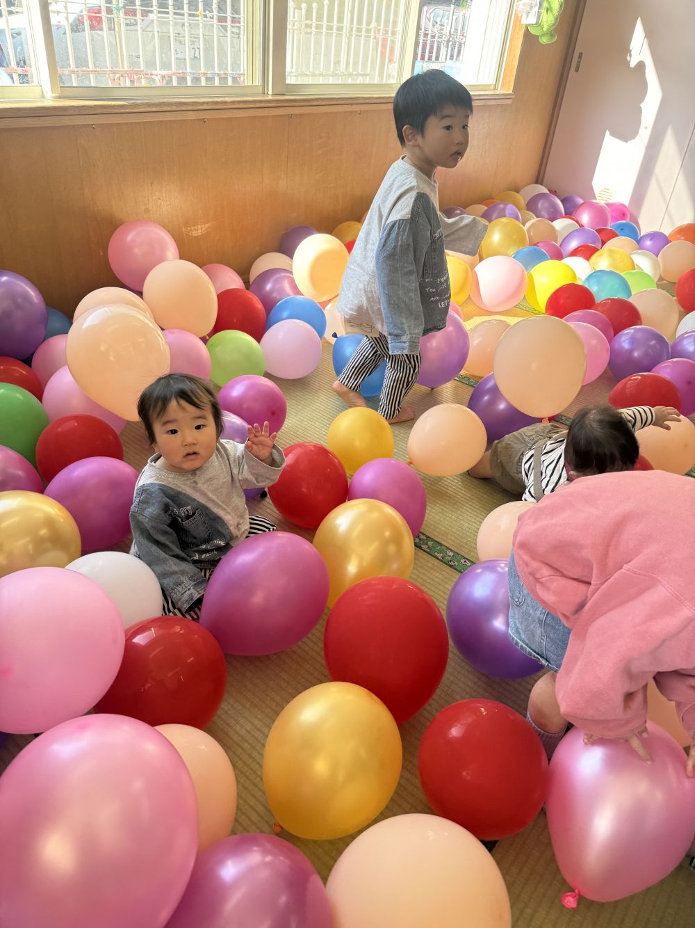 たくさんの風船の中を歩いたり、飛ばしたり・・・
いろんな色の風船を見て大興奮の子どもたちでした。