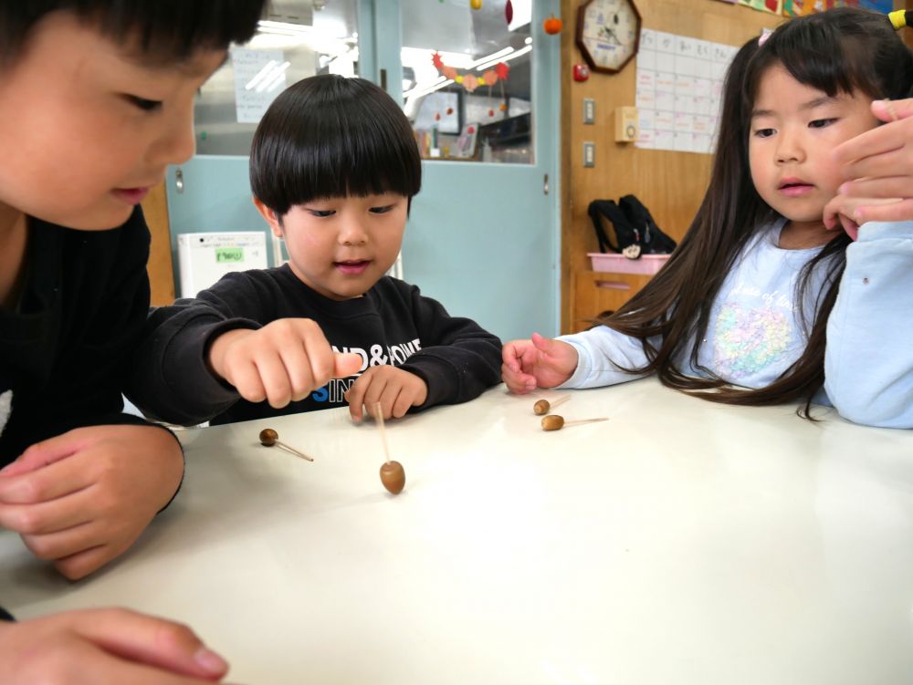 大きさや太さによって
回り方が違うことに気づいたみんな
「もっと大きなどんぐりが欲しい！！」

また神社でどんぐり広い♪