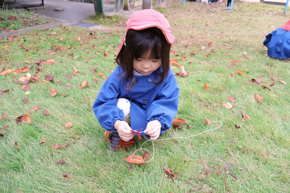 
女の子たちは、落ち葉を拾いながらネックレスづくり♡
「あかいはっぱがいいな～」
「あ！いいあながあいてる～ラッキー♡」

いろんな形や色の落ち葉があって迷っちゃうね！
穴に通すのも、そぉーっと慎重に自分たちで挑戦！！