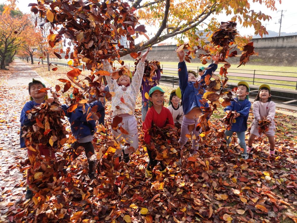 いっぱい集めた落ち葉で最大の落ち葉シャワー！！！