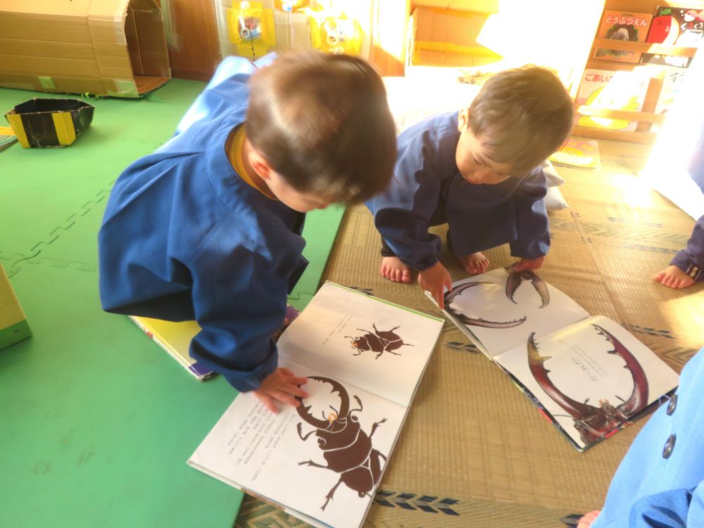 
”一緒”が嬉しいヒヨコ組さん
服の色が一緒！おもちゃの形が一緒！
遊びの中でいろんな”一緒”を見つけて楽しんでいます♡


虫が大好きなヒヨコ組さん
本棚には虫の載った絵本が欠かせません
クワガタの絵本を見るM君の所に急いで絵本を持ってくるNくん
「一緒！一緒！」
自分の絵本と友達の絵本
見比べながらニッコリ嬉しそうな2人です




