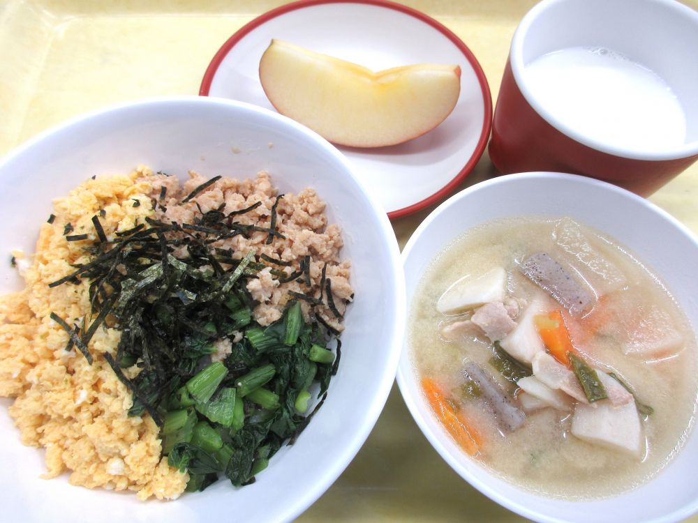 三色どんぶり

豚汁

りんご

牛乳