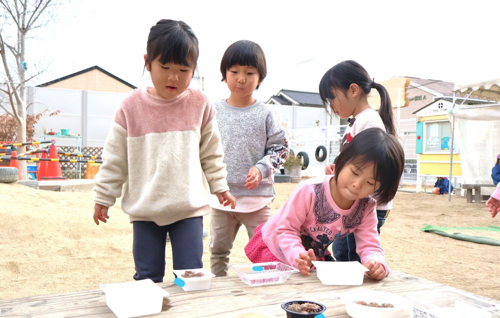 タイヤに霜が降りていることや
車のガラスが凍っていたことなど
冬の自然事象に興味津々！
みんなで氷実験をしてみることに♪



　「ほんとにできるのかな～？」
　「どんぐりも入れてみよっと！」
好きな容器を選んで、水の量を考えながら準備！
残っていたどんぐりや木の枝も入れてみることに♪