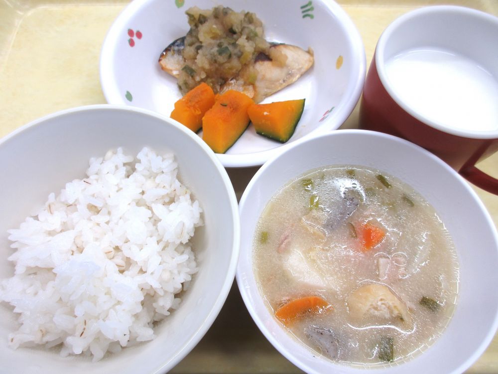 麦ご飯

さばのみぞれ煮

蒸しかぼちゃ

豚汁

牛乳