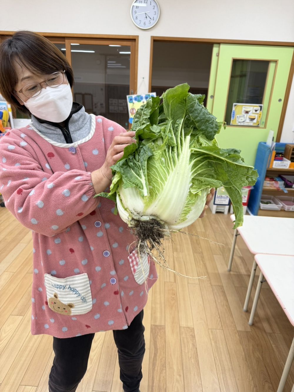 ５歳児R君のおばあちゃんから頂いた立派な白菜
美味しく食べるには？？栄養士の本田先生の腕の見せ所です！！