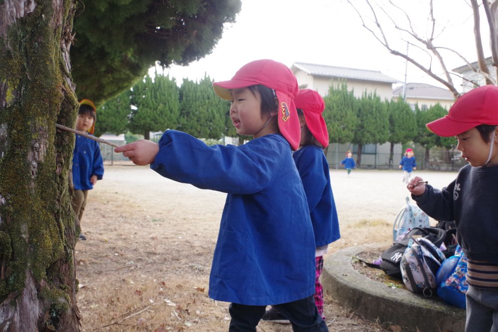 今日は日差しもあり、
少し寒さも和らいだので、
久しぶりに西則末公園までお散歩に行ってきました。
思いっきり走って追いかけっこをしたり、
ブランコや滑り台の遊具を楽しんだりしていたリス組さん。

「虫探ししたいけど、寒いからいないかな～？」
というJくんの言葉で、わくわくが！
冬に虫はいるかな？探してみよう！

木の穴や皮の間をつんつん・・・
Aくん「なんかいるかな～？」
