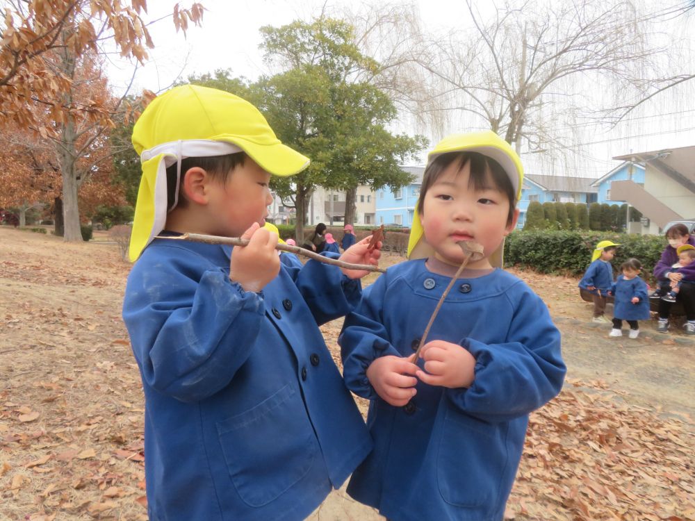 枝に葉っぱをさして”アイス”をつくったS君
そこに落ち葉と枝を持ってやってきたI君
「S君どーやってするん？」
作り方を聞きくと同じ物を作り一緒に食べる真似をして遊びます♡


座るとズボンたくさん芝生がついたよ！
木に葉っぱがなくなったよ！
秋とは違う公園の様子を感じながら散歩を楽しみました